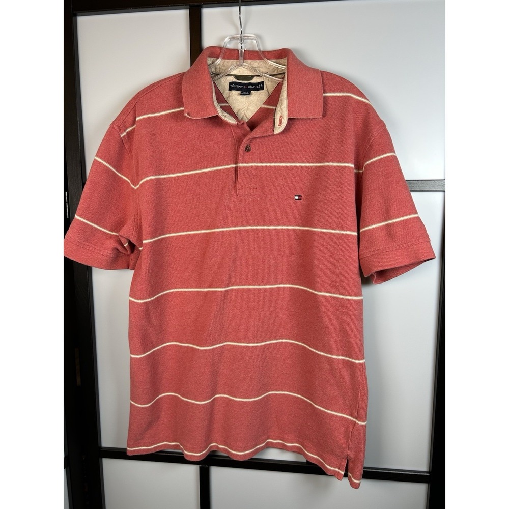 VTG Tommy Hilfiger Polo Shirt Mens Large Red Pink Stripe Short Sleeve Cotton Y2K